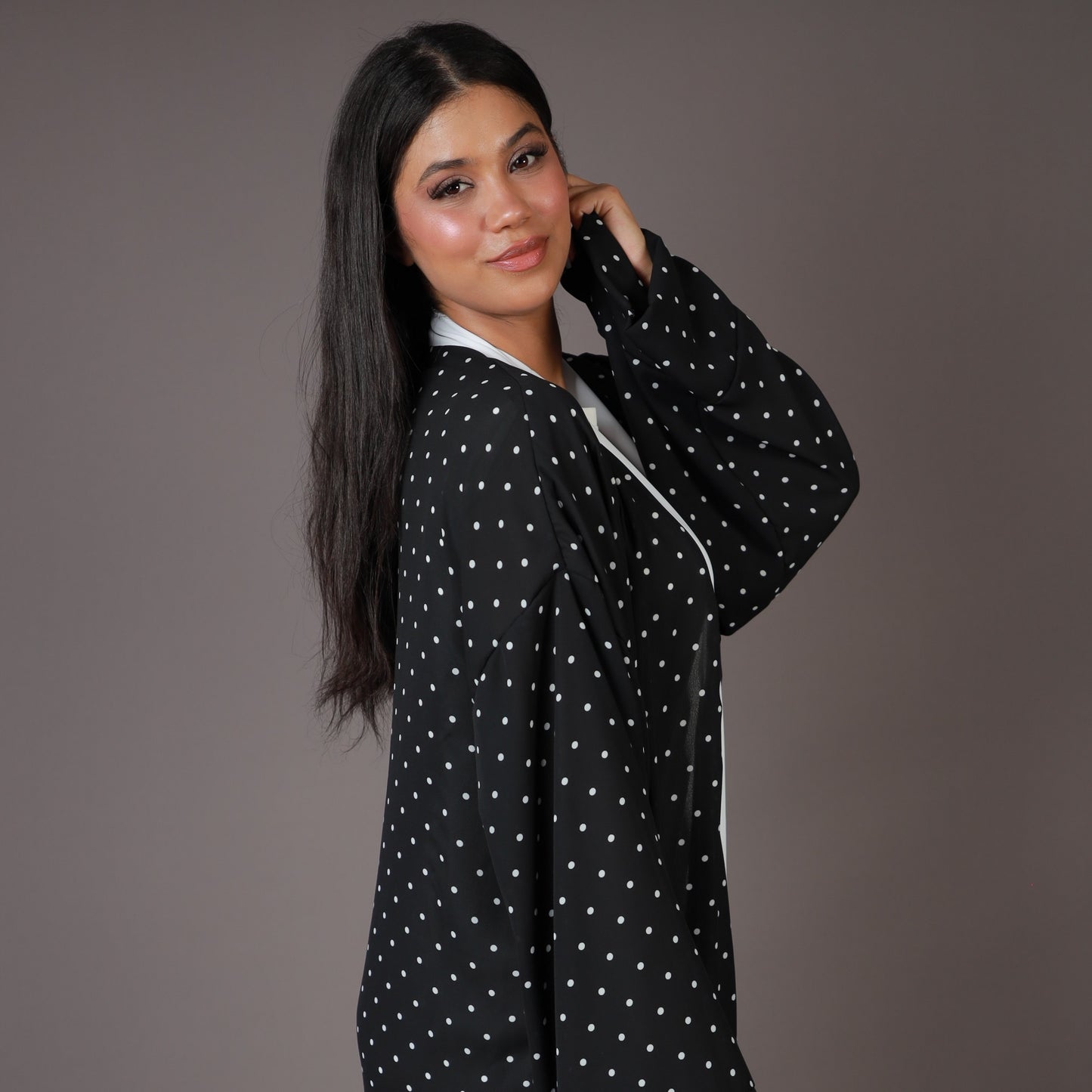 Kimono Long Noir à Pois Blancs