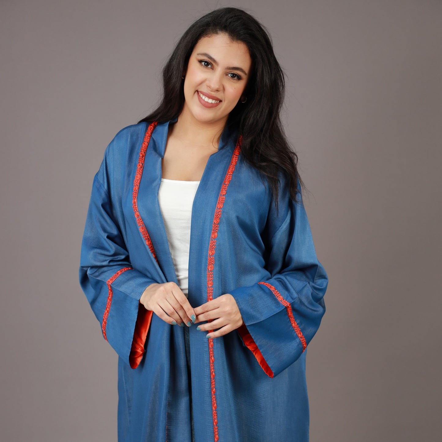 Kimono Long Denim Bleu avec Zwak et Doublure Orange