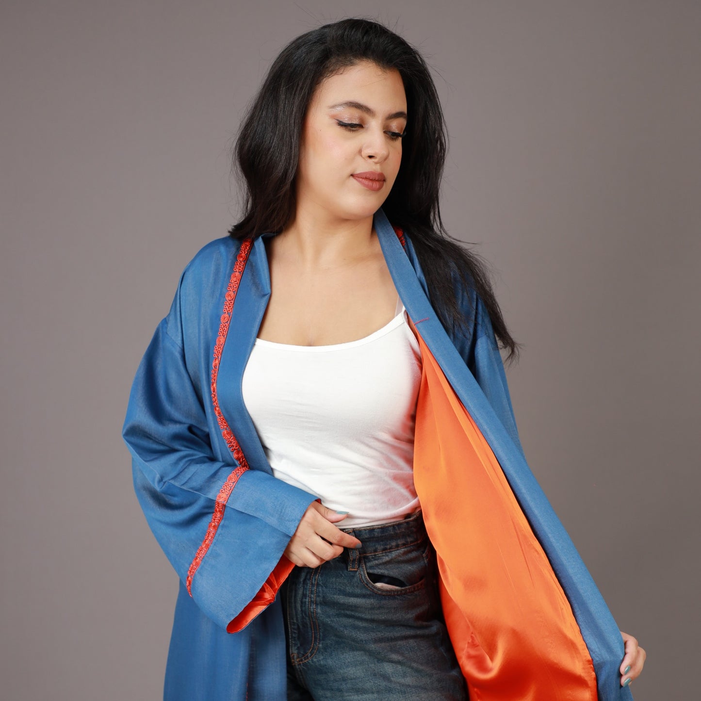 Kimono Long Denim Bleu avec Zwak et Doublure Orange