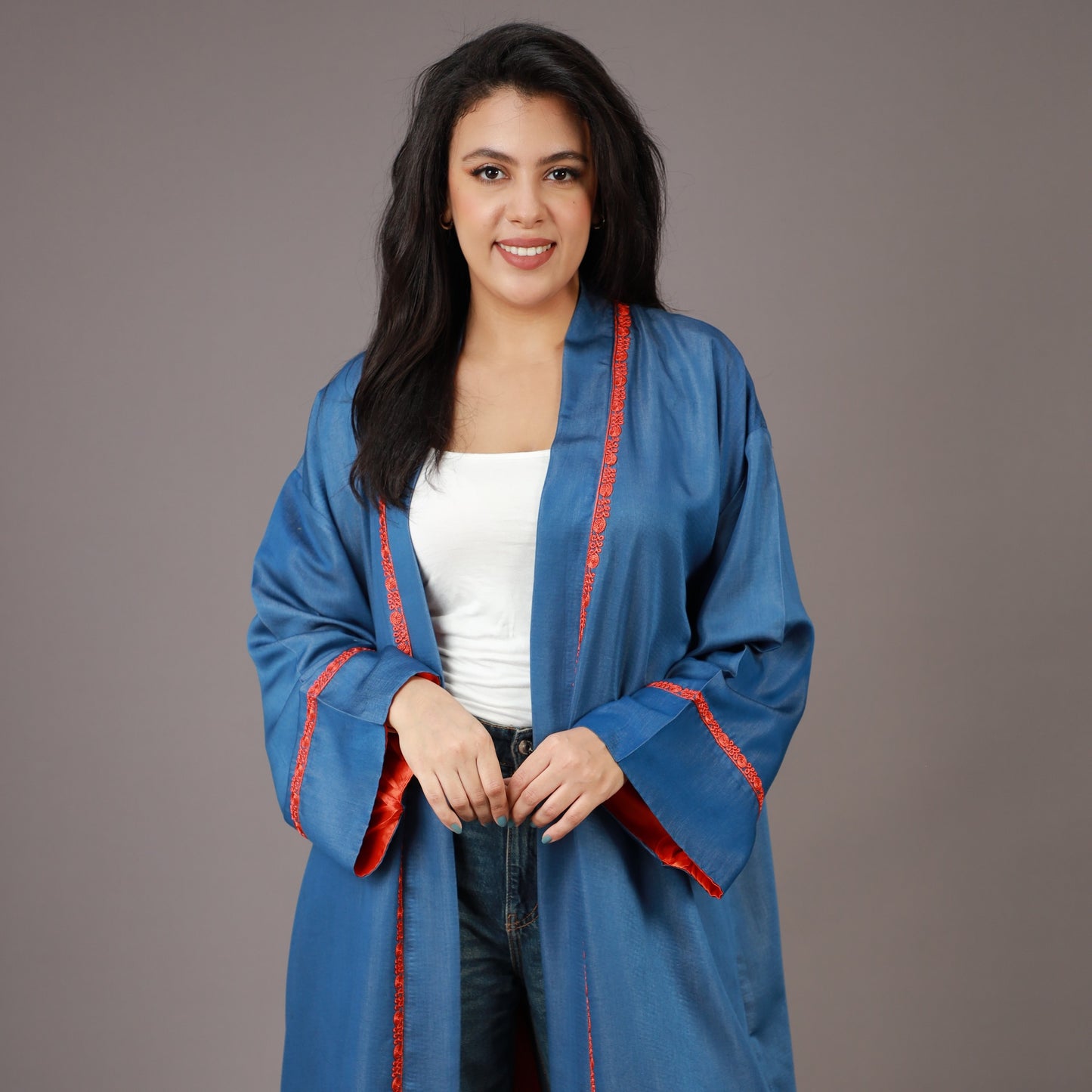 Kimono Long Denim Bleu avec Zwak et Doublure Orange