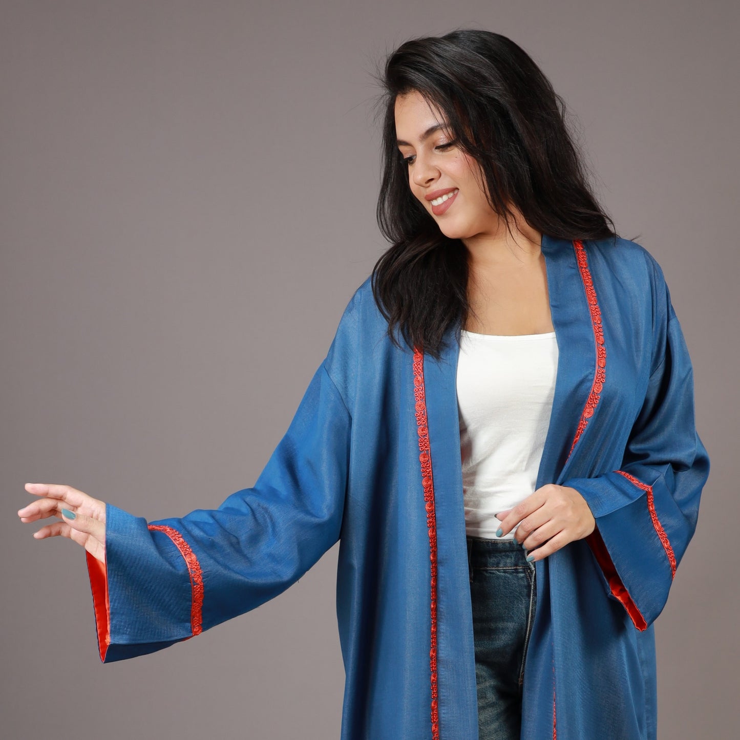 Kimono Long Denim Bleu avec Zwak et Doublure Orange