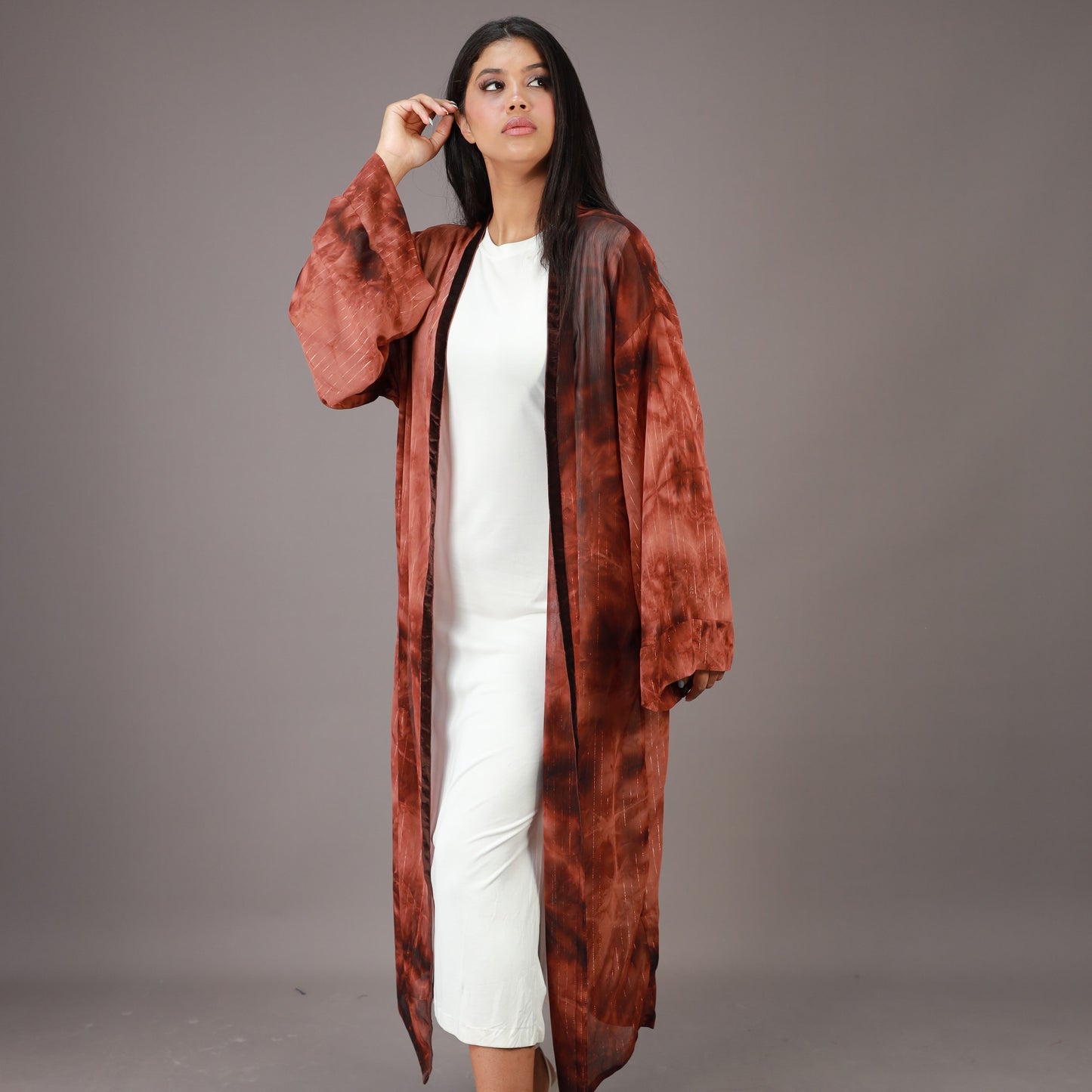 Kimono Long Marron Effet Tie and Dye