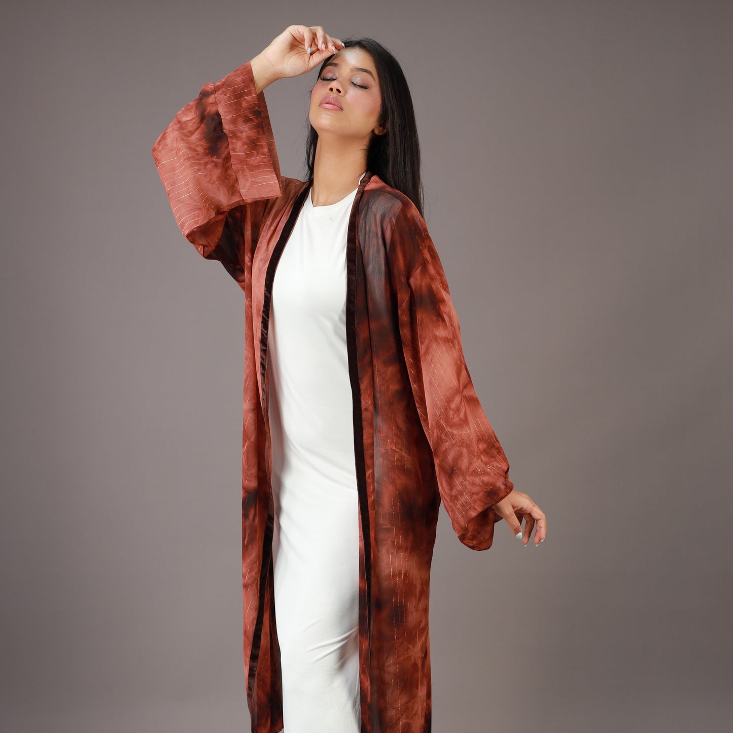 Kimono Long Marron Effet Tie and Dye