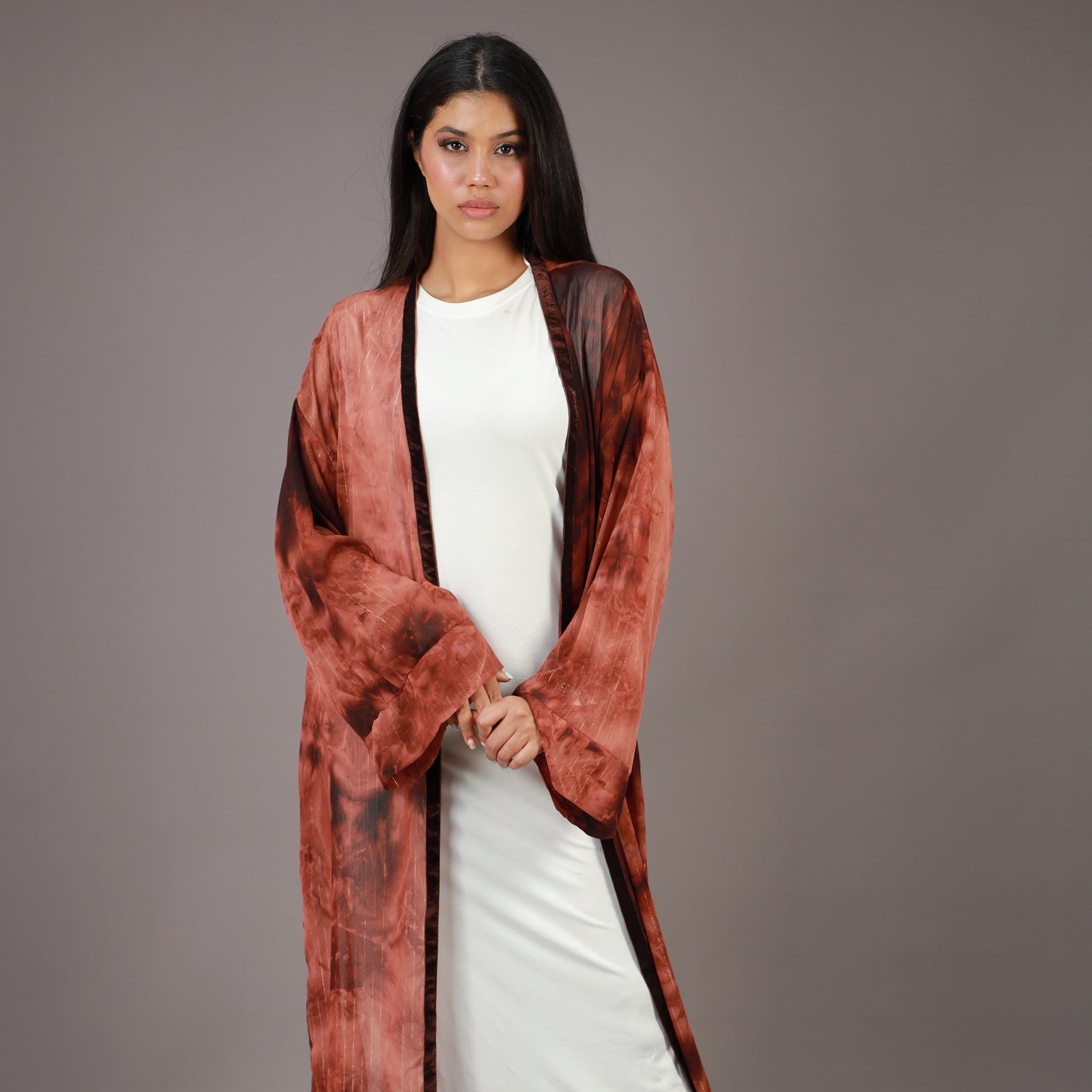 Kimono Long Marron Effet Tie and Dye