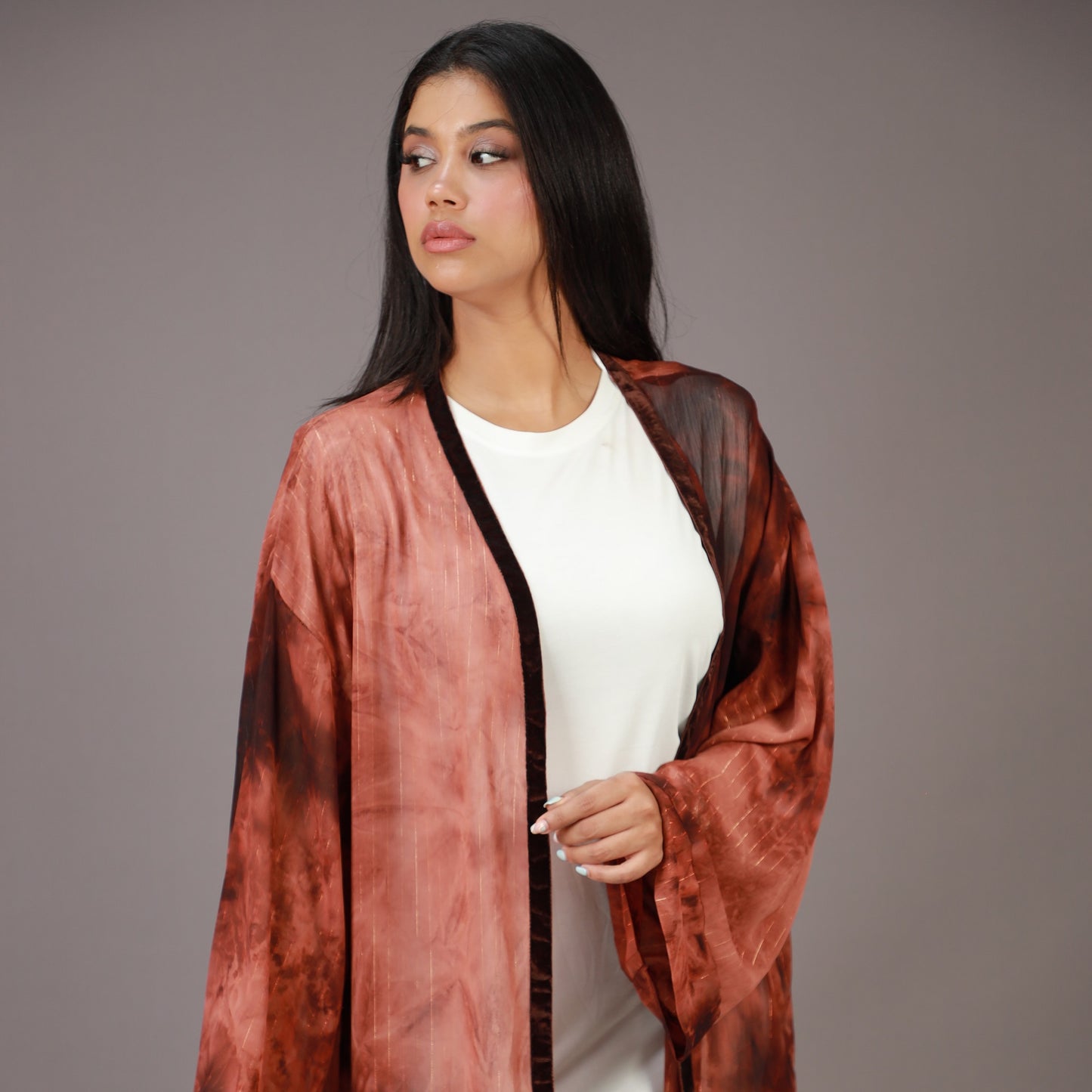 Kimono Long Marron Effet Tie and Dye