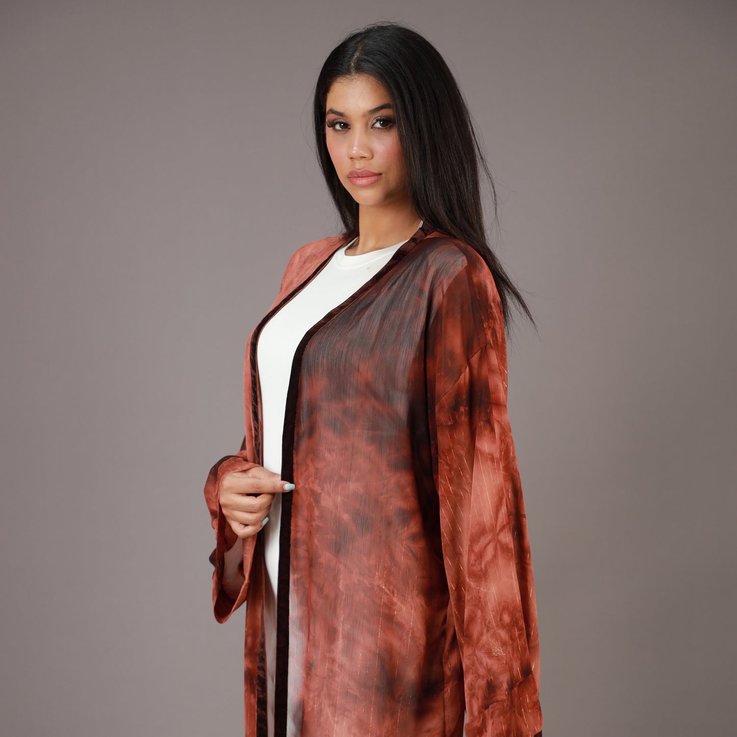 Kimono Long Marron Effet Tie and Dye
