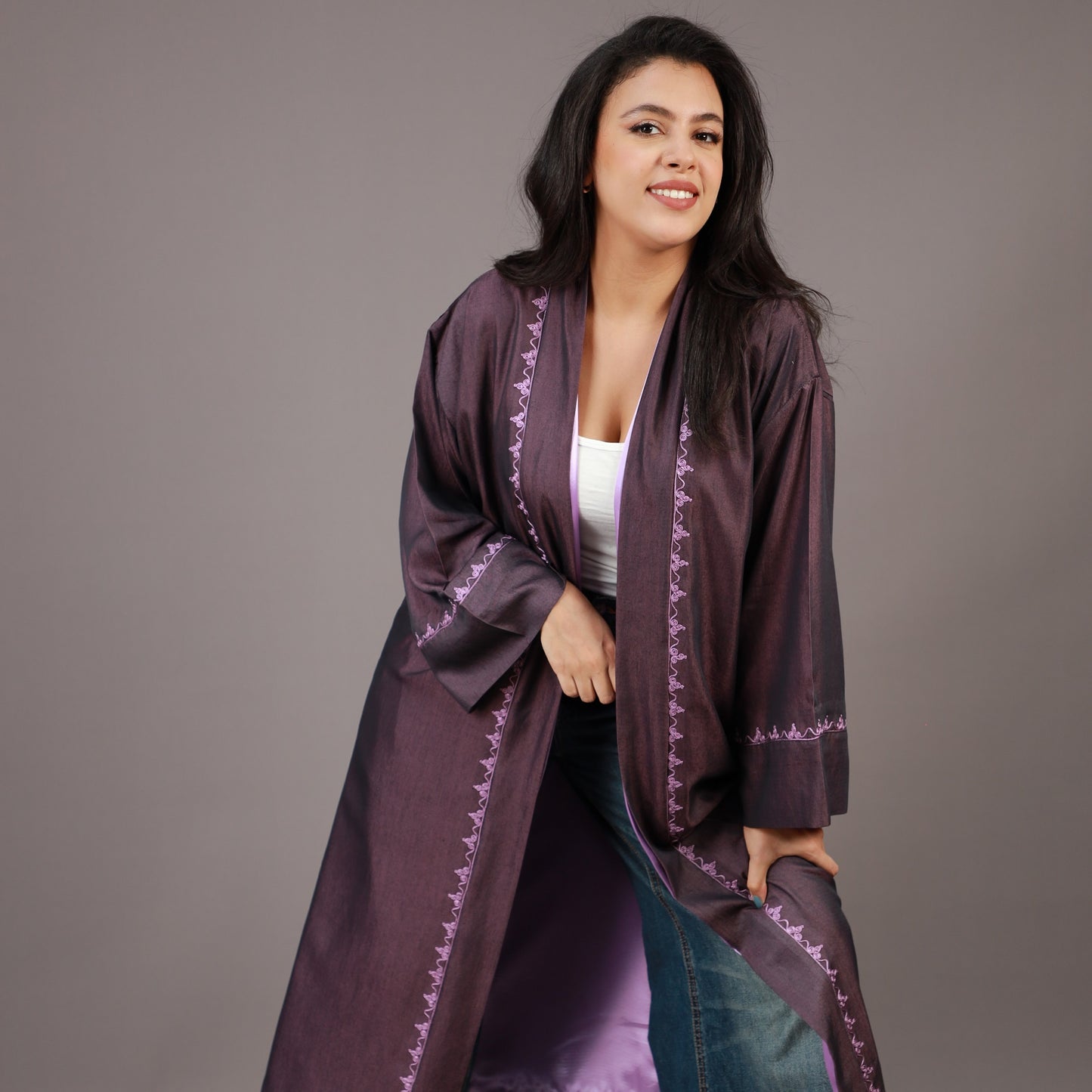 Kimono Long Violet avec Zwak et Doublure Lilas