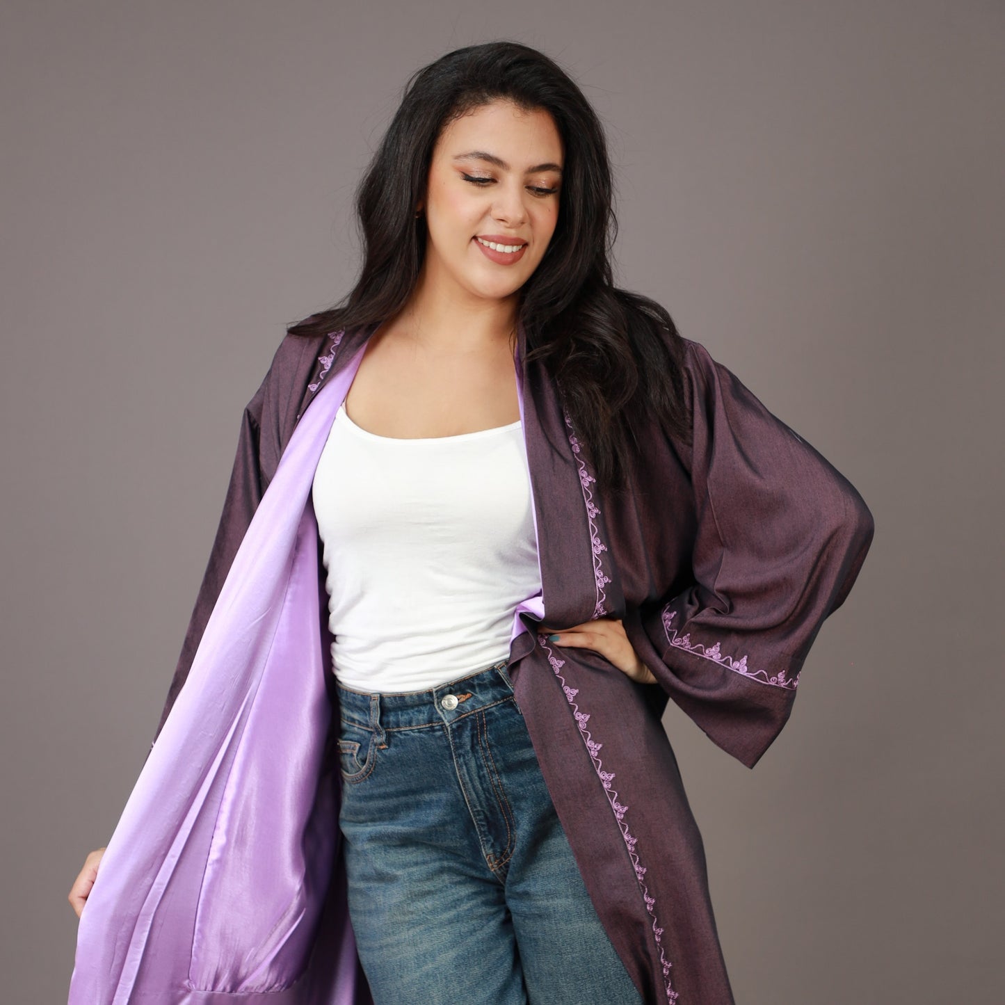Kimono Long Violet avec Zwak et Doublure Lilas
