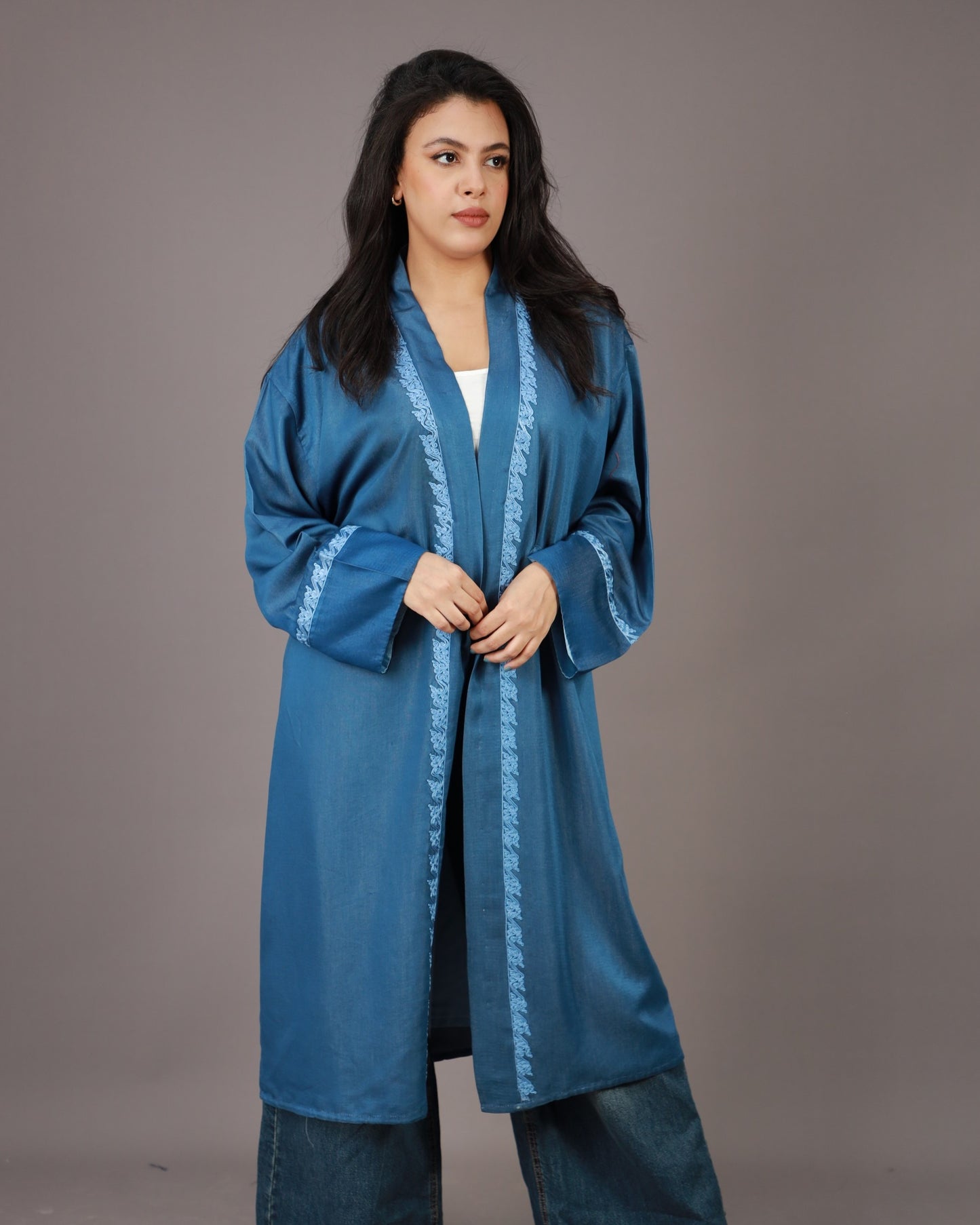 Kimono Long en Jean Bleu avec Zwak Lmaalem Bleu Clair