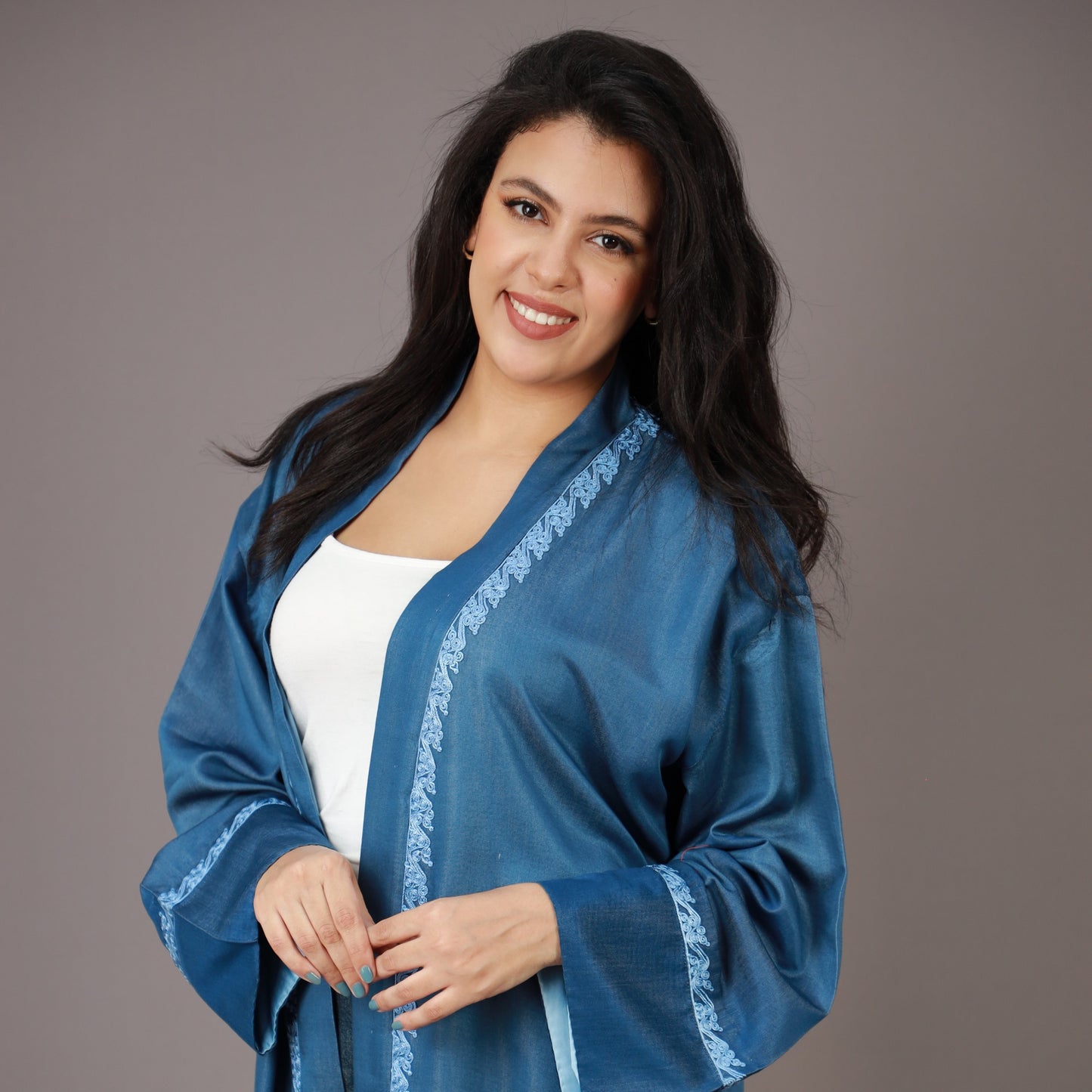 Kimono Long en Jean Bleu avec Zwak Lmaalem Bleu Clair