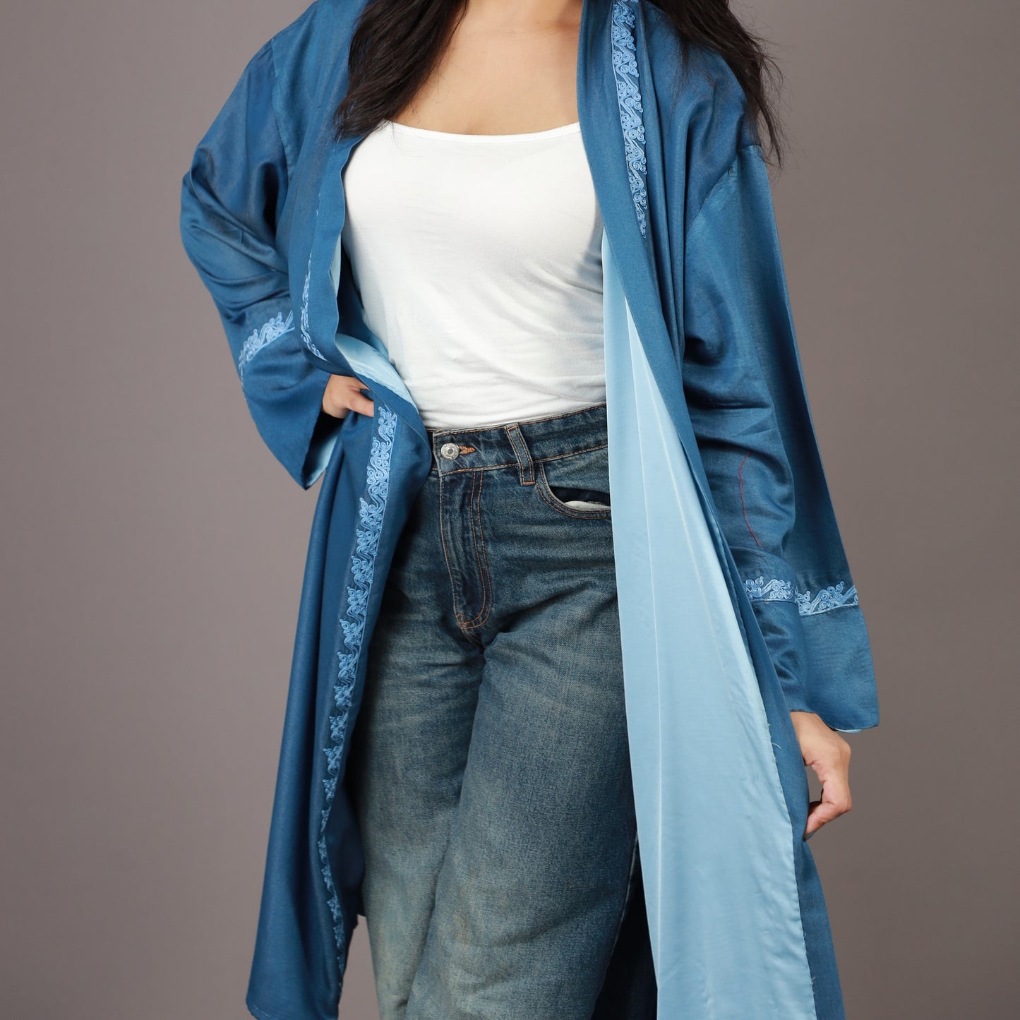 Kimono Long en Jean Bleu avec Zwak Lmaalem Bleu Clair