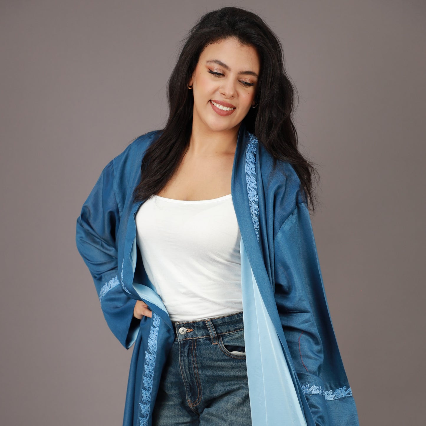 Kimono Long en Jean Bleu avec Zwak Lmaalem Bleu Clair