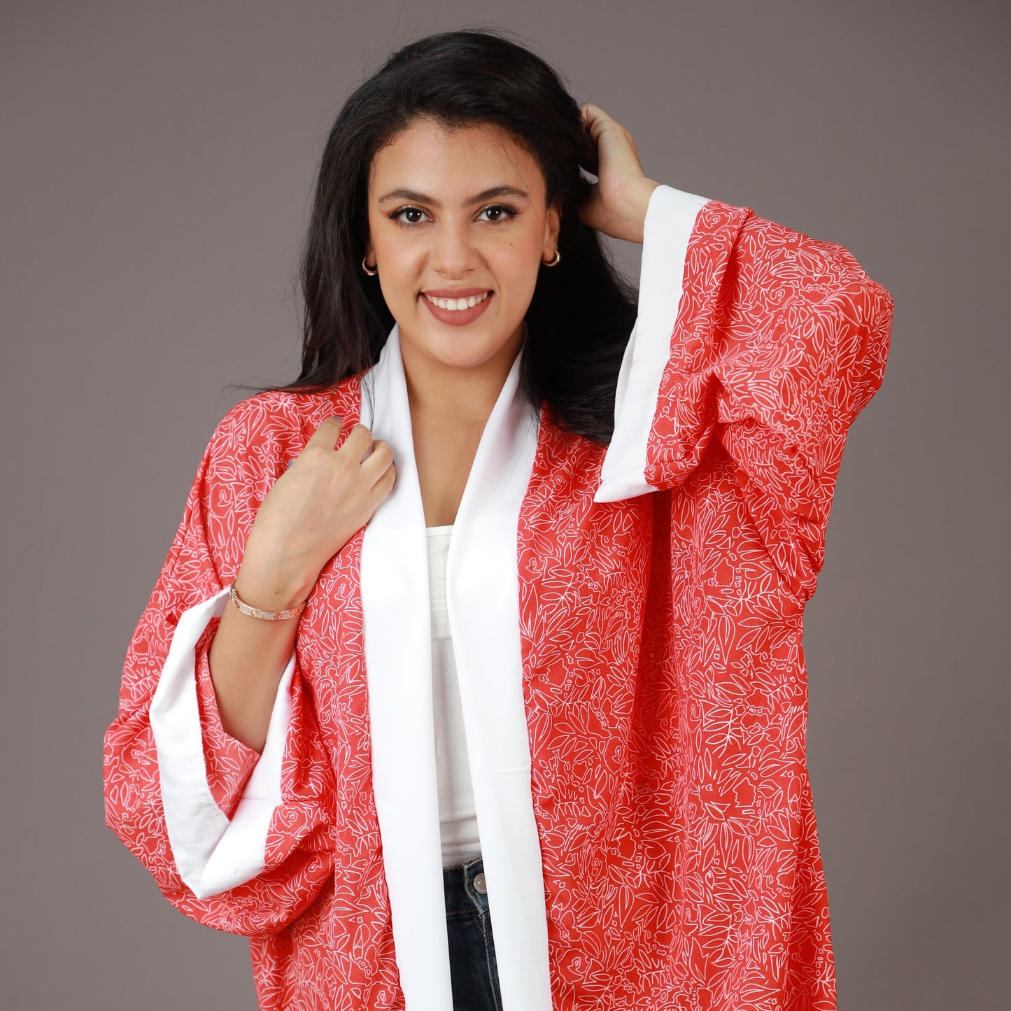 Kimono Long Rouge à Imprimé Blanc