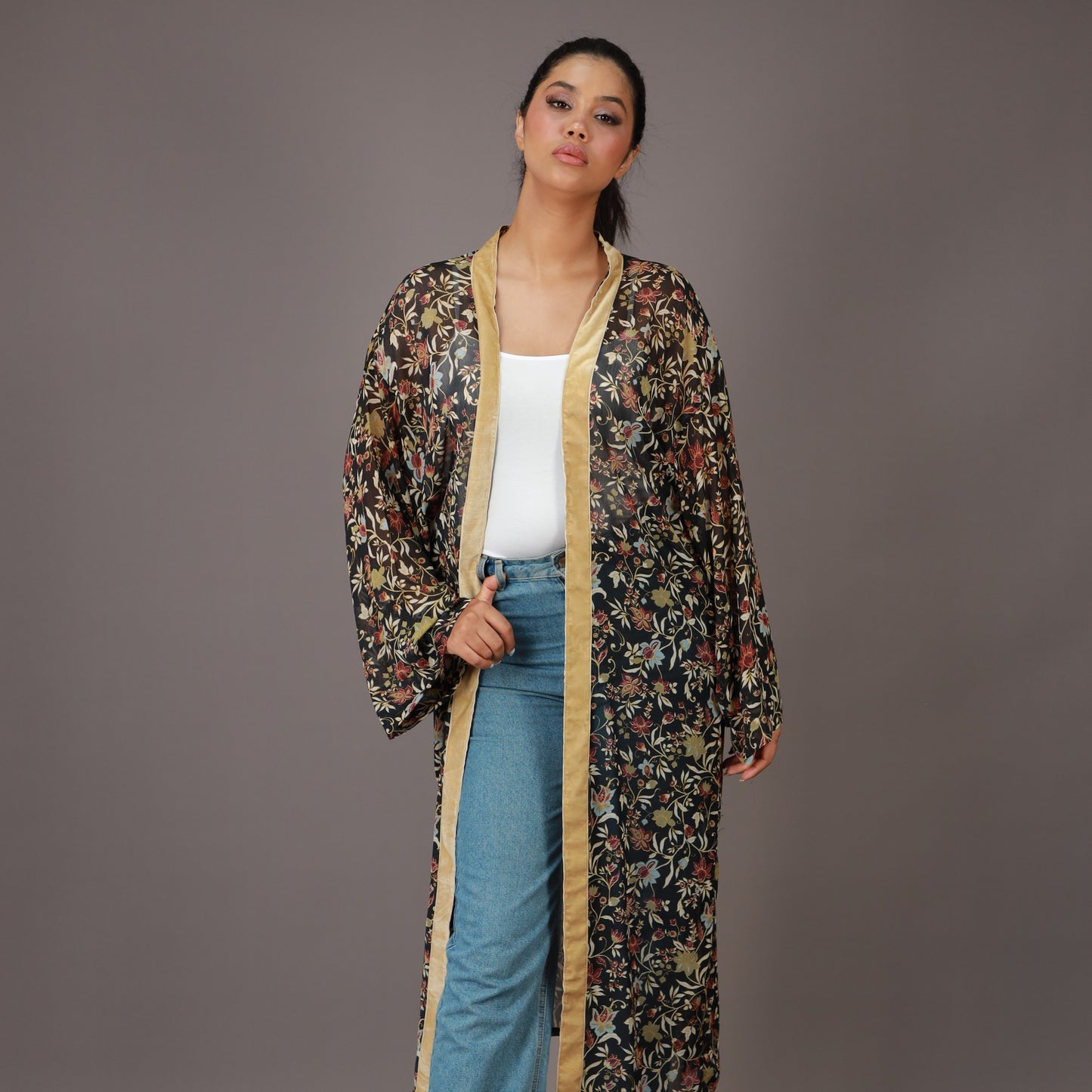Kimono Long Transparent Motif Floral Noir et Doré