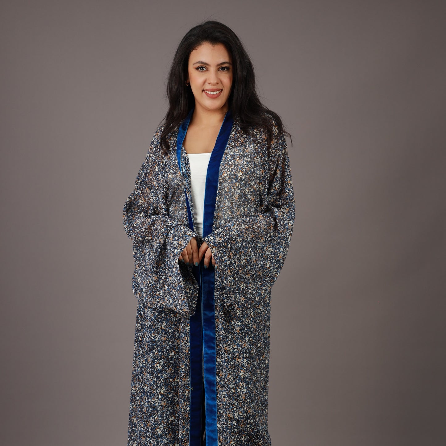 Kimono Long Bleu Nuit avec Bordures Velours
