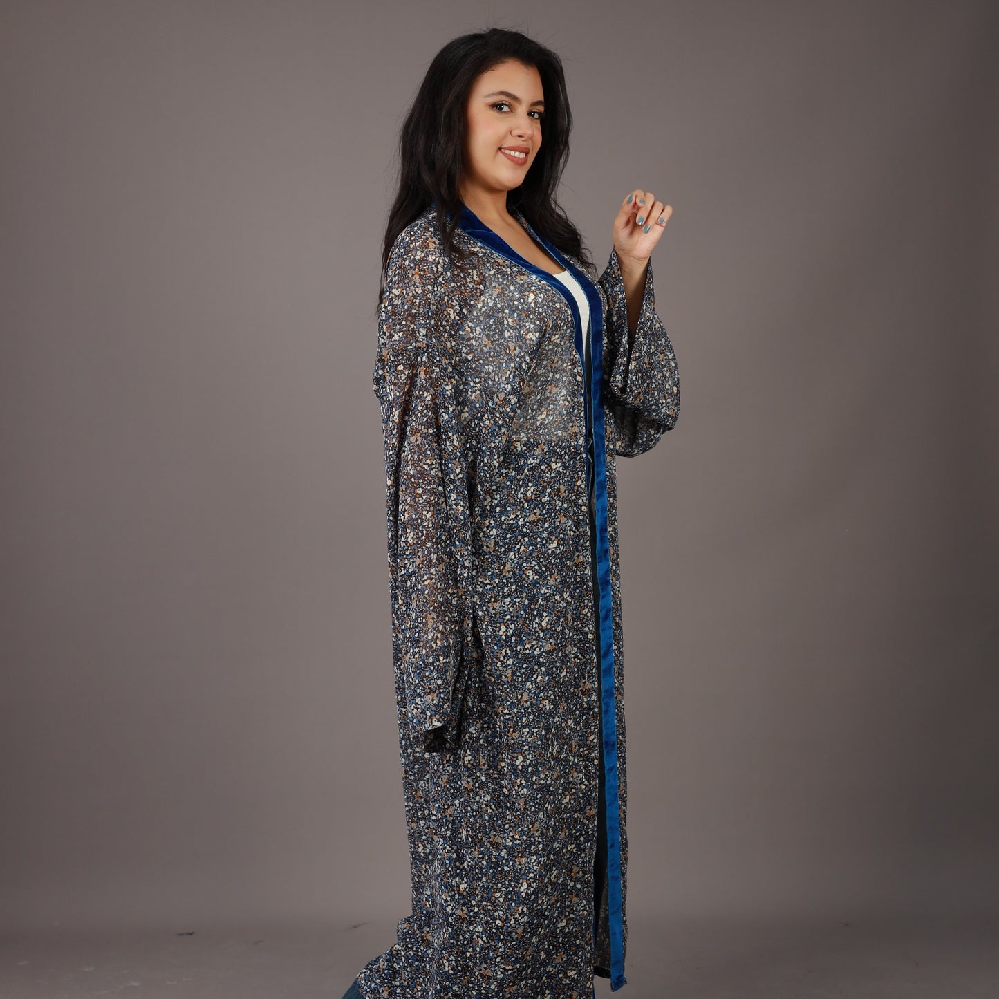 Kimono Long Bleu Nuit avec Bordures Velours