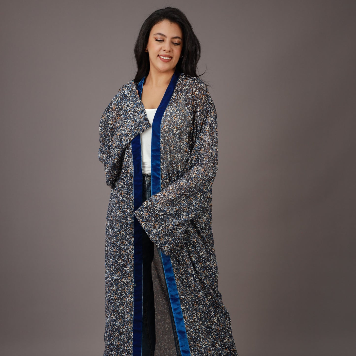 Kimono Long Bleu Nuit avec Bordures Velours