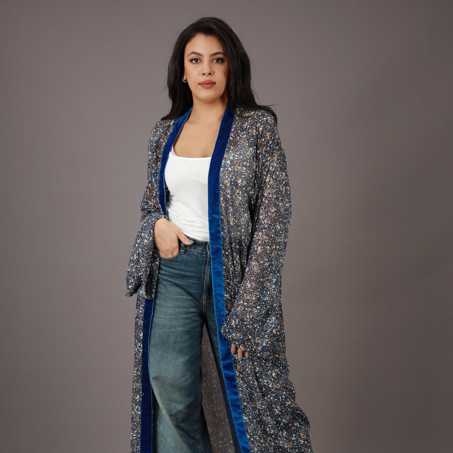 Kimono Long Bleu Nuit avec Bordures Velours