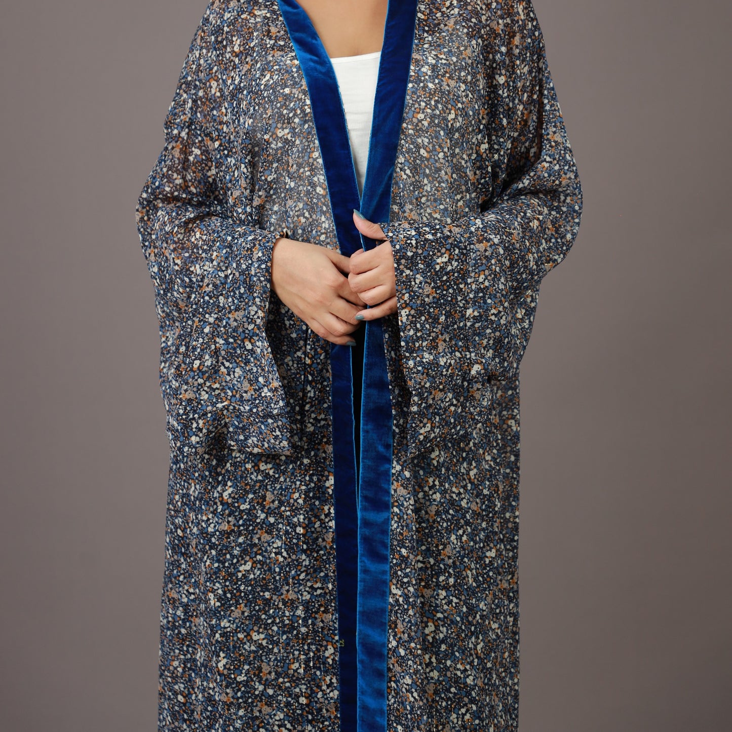 Kimono Long Bleu Nuit avec Bordures Velours
