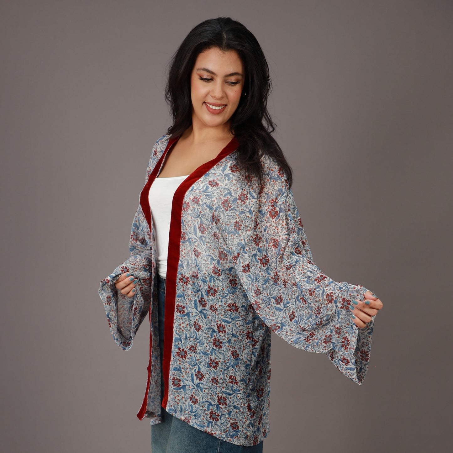 Kimono Court Imprimé Floral Bleu et Rouge