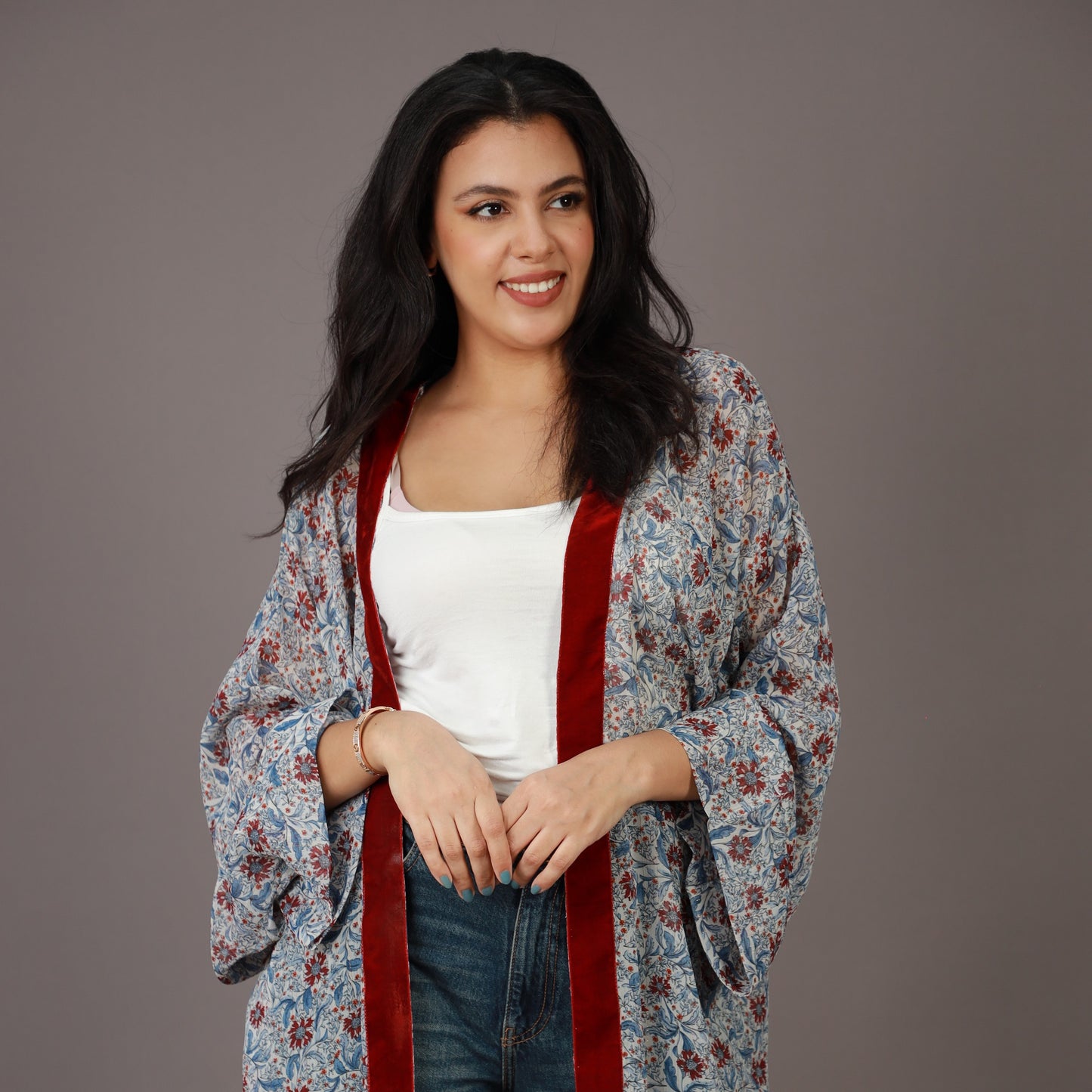 Kimono Court Imprimé Floral Bleu et Rouge