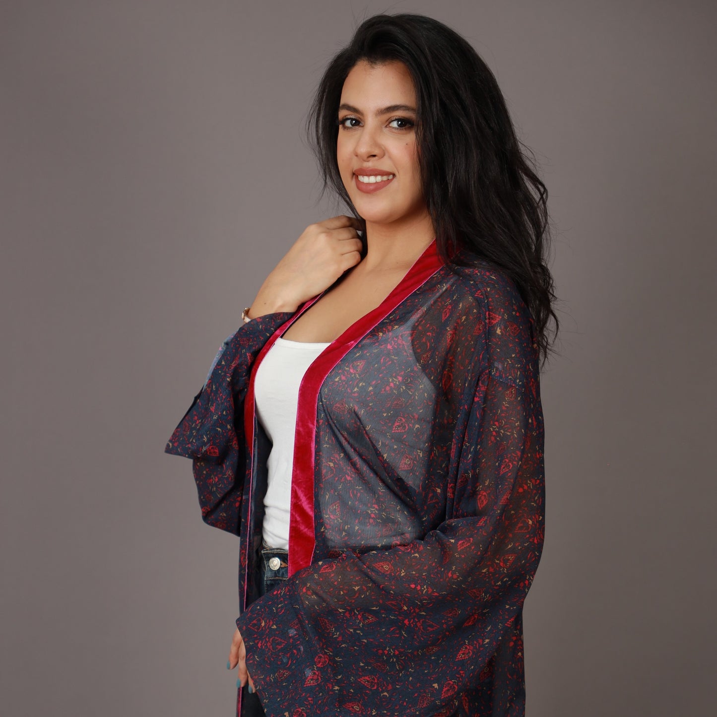 Kimono Long Imprimé Bleu Nuit et Rouge