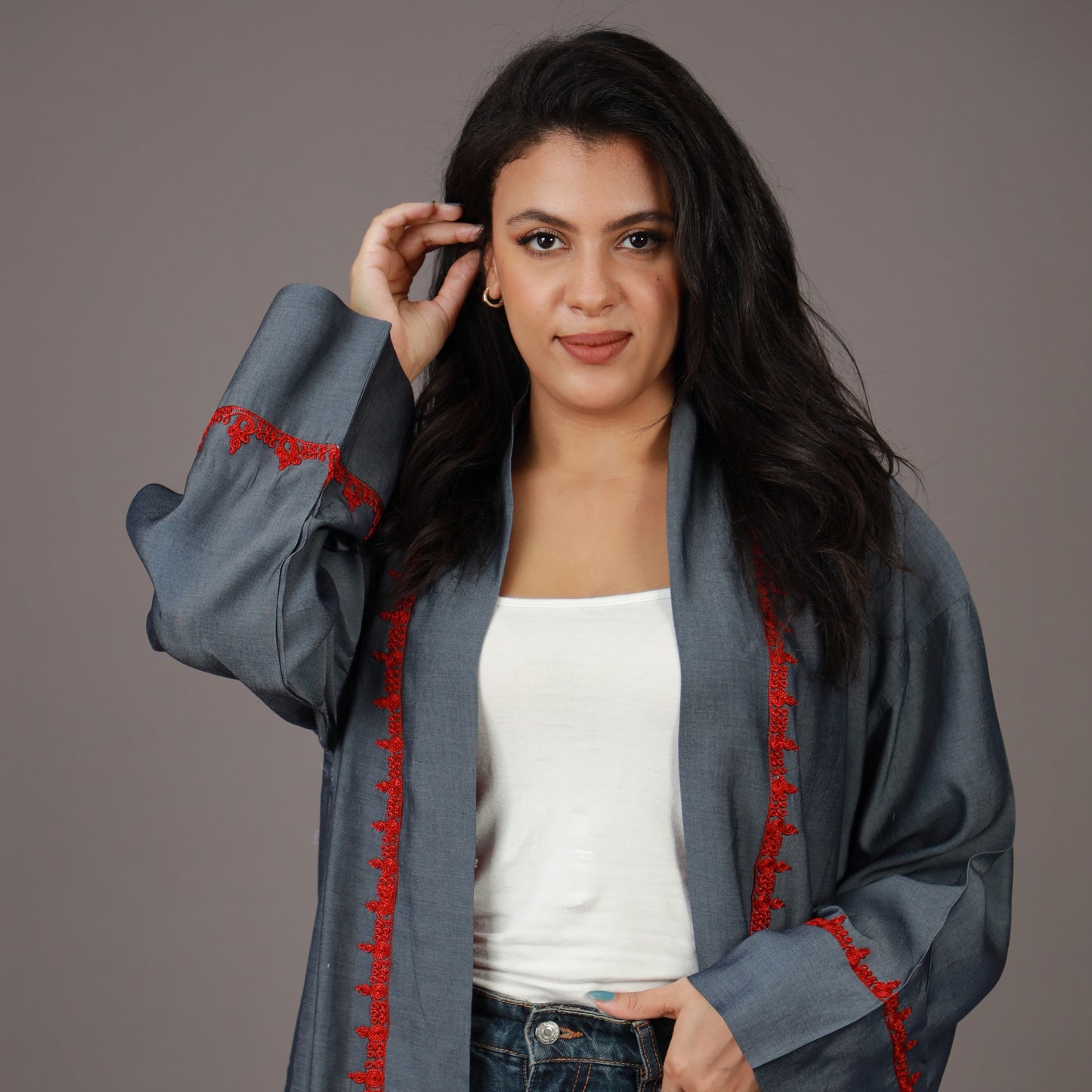 Kimono Long en Jean Gris Fumé avec ZWAK LAMAÂLAM et Doublure Rouge