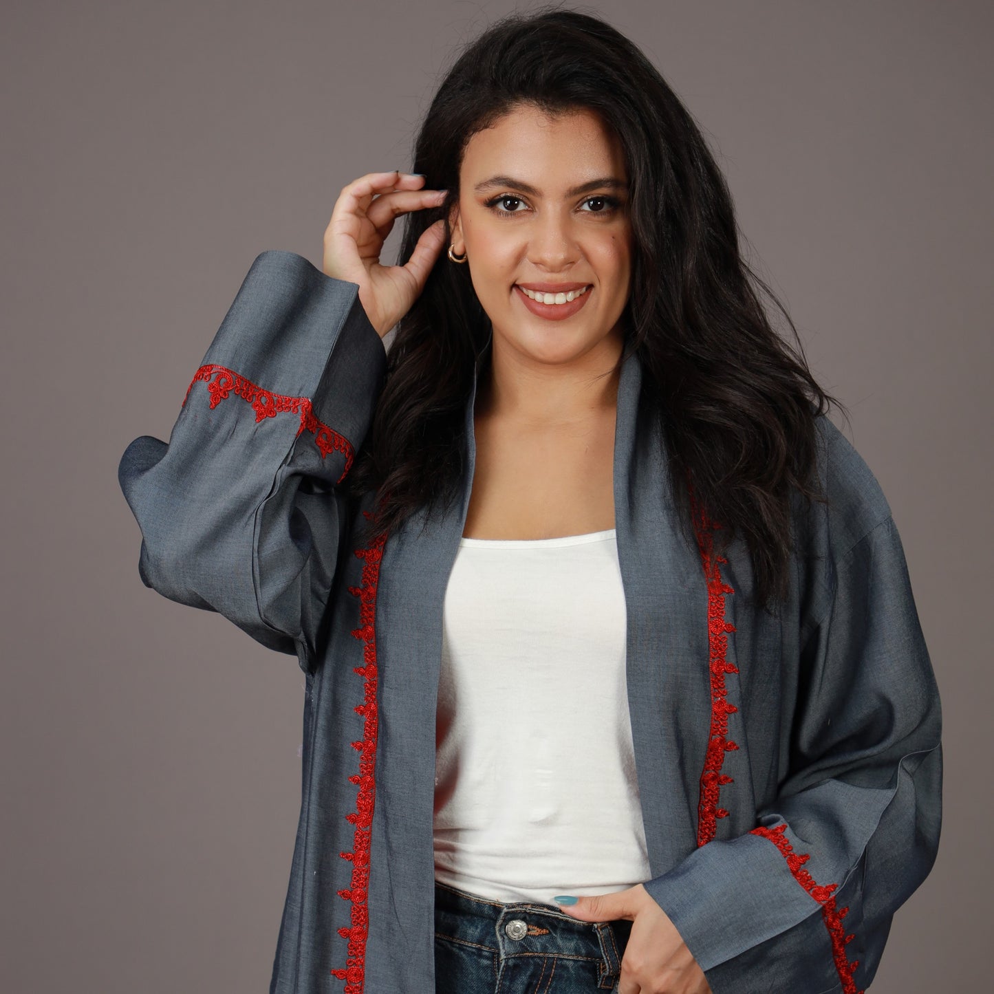 Kimono Long en Jean Gris Fumé avec ZWAK LAMAÂLAM et Doublure Rouge