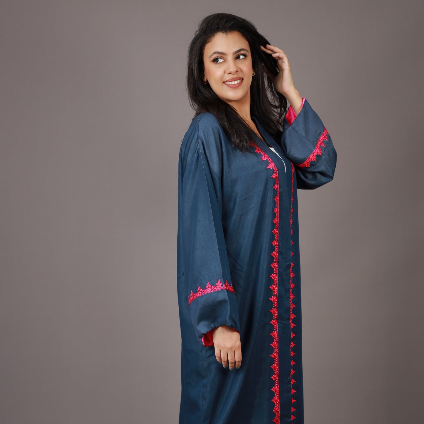 Kimono Long Bleu Nuit avec ZWAK LAMAÂLAM Rose et Doublure