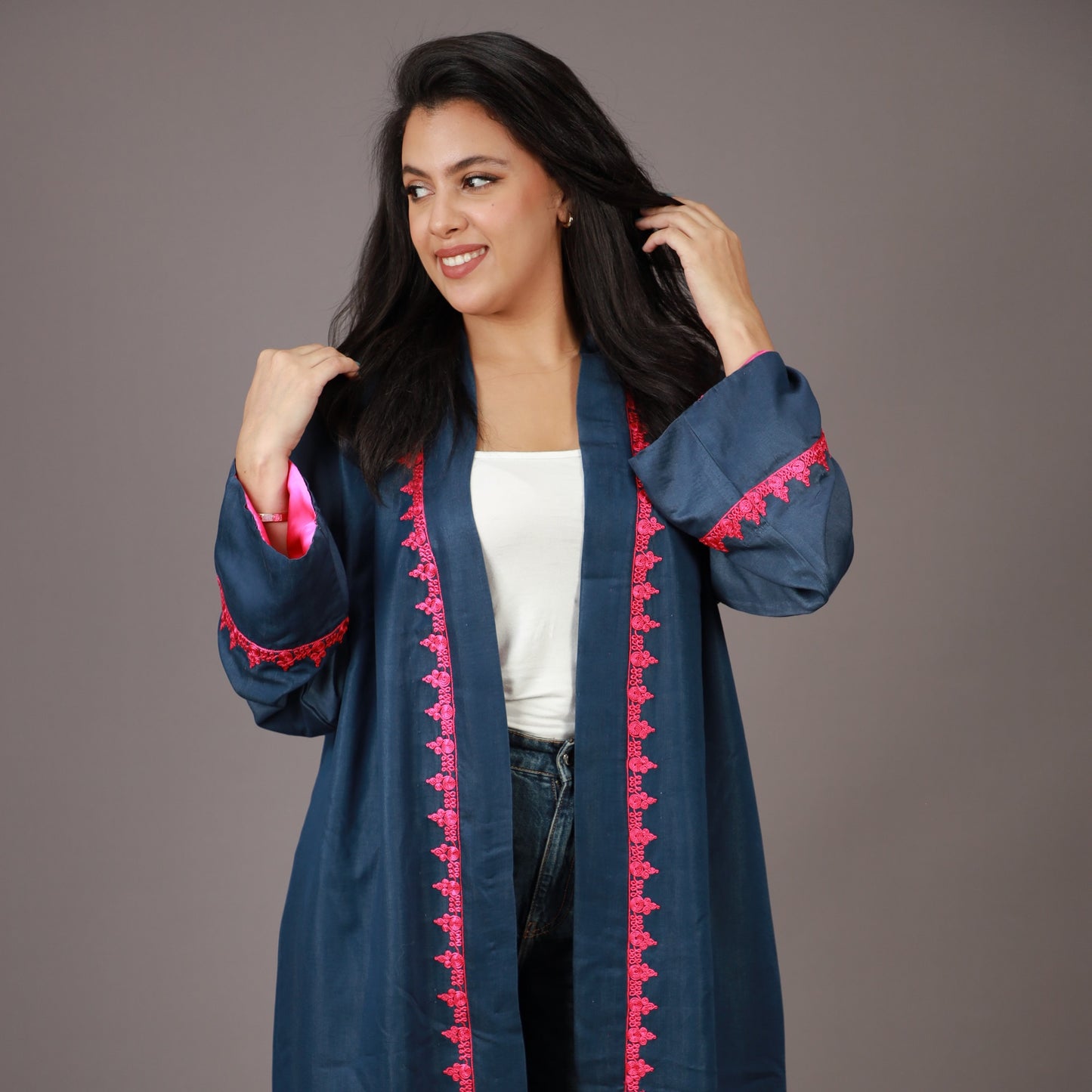Kimono Long Bleu Nuit avec ZWAK LAMAÂLAM Rose et Doublure
