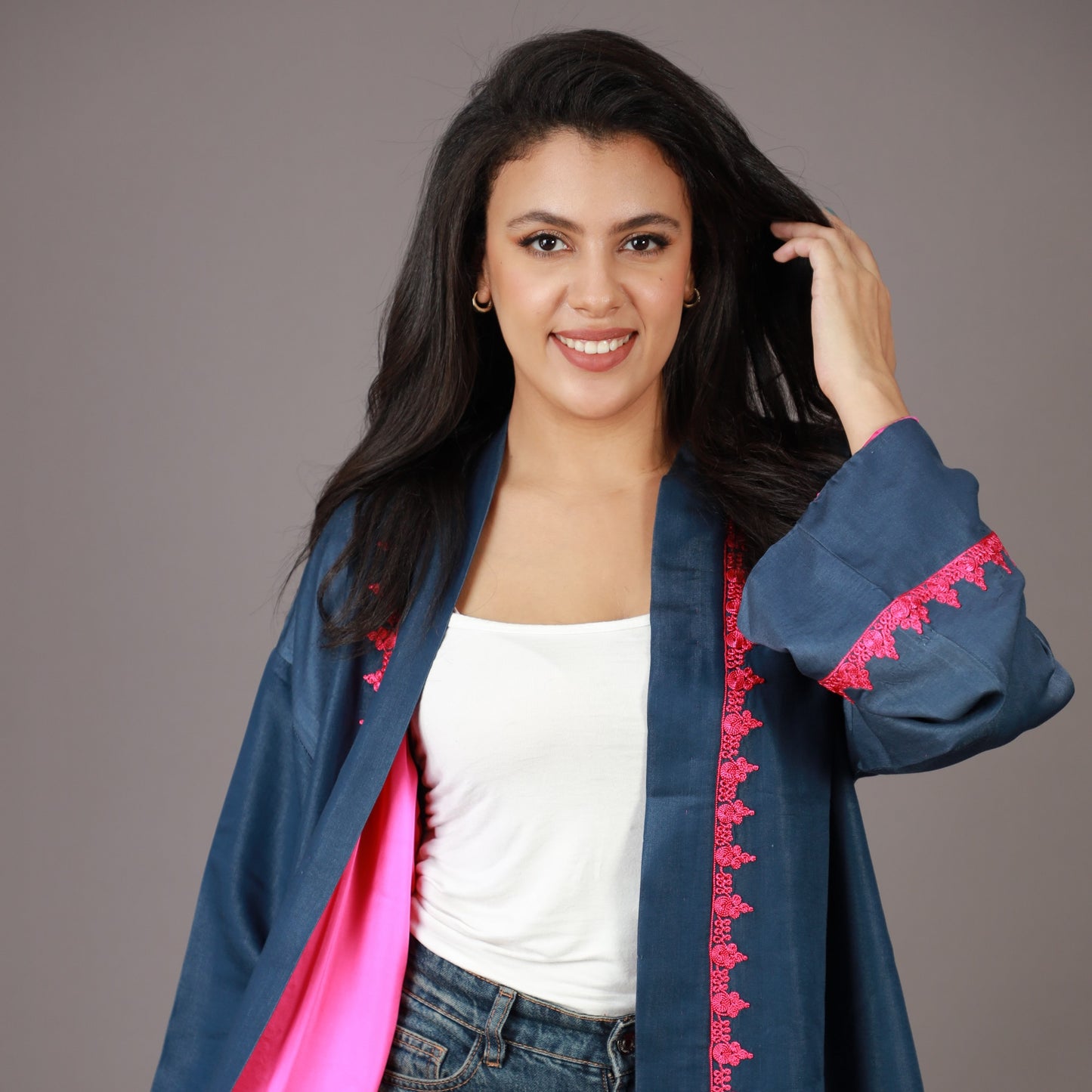 Kimono Long Bleu Nuit avec ZWAK LAMAÂLAM Rose et Doublure