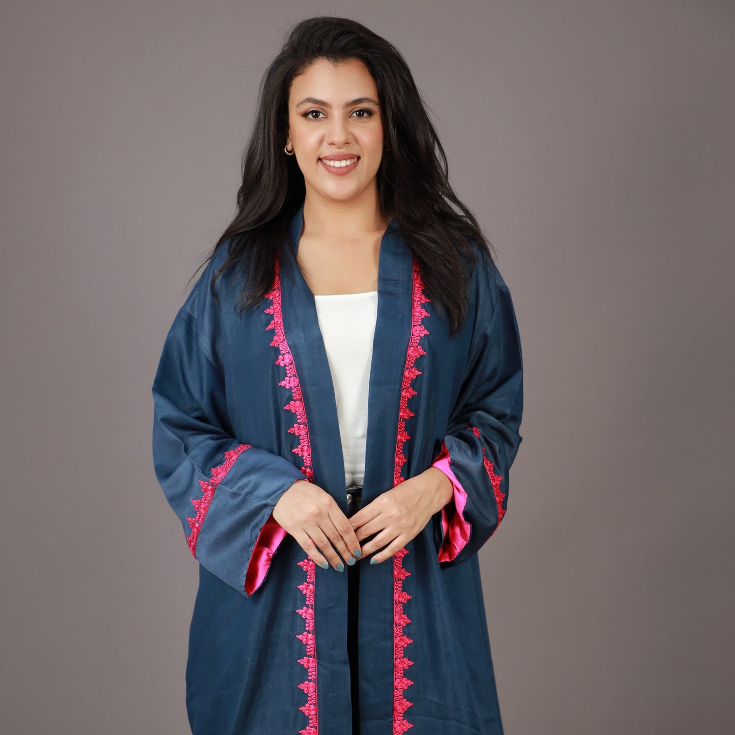 Kimono Long Bleu Nuit avec ZWAK LAMAÂLAM Rose et Doublure