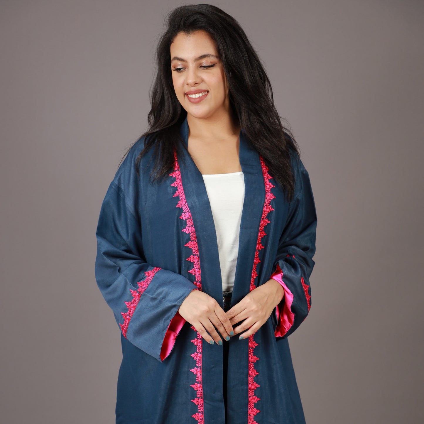 Kimono Long Bleu Nuit avec ZWAK LAMAÂLAM Rose et Doublure