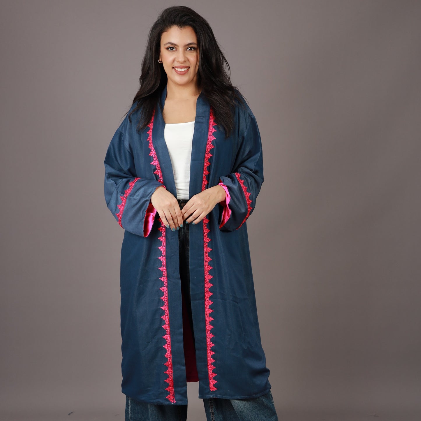 Kimono Long Bleu Nuit avec ZWAK LAMAÂLAM Rose et Doublure