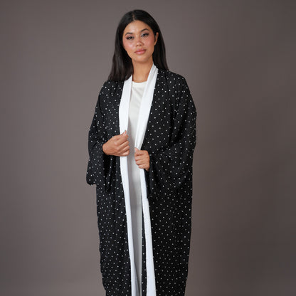 Kimono Long Noir à Pois Blancs