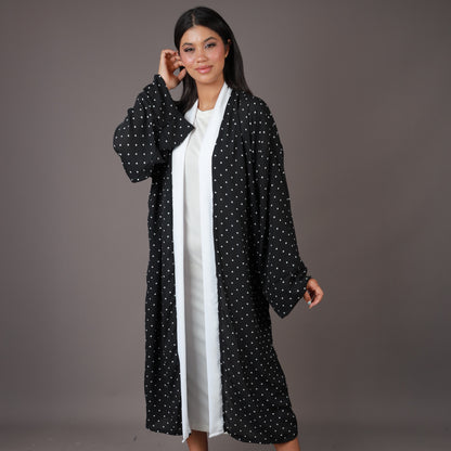 Kimono Long Noir à Pois Blancs