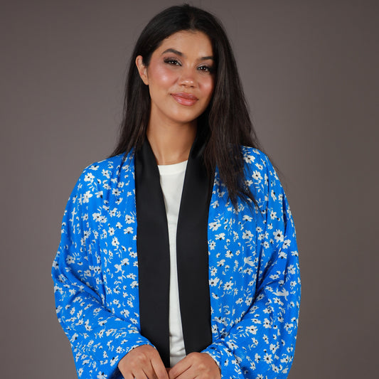 Kimono Long Bleu Royal à Motifs Floraux