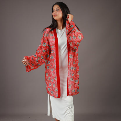 Kimono Demi-Long Rouge à Motifs Floraux
