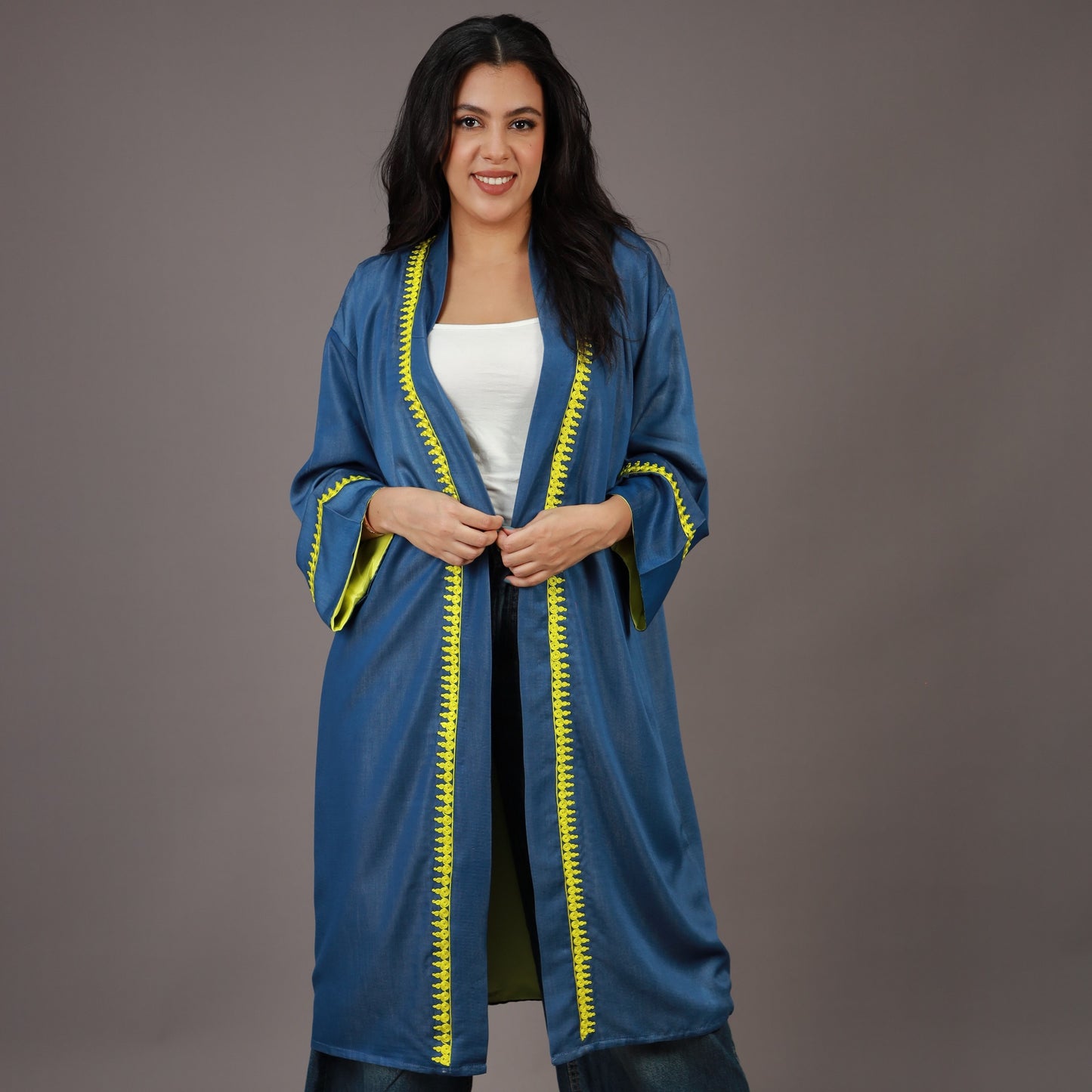 Kimono Long Denim Bleu avec ZWAK LMAALEM Jaune