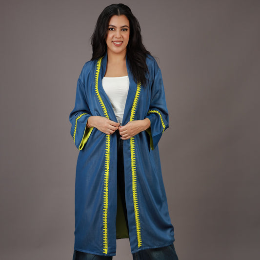 Kimono Long Denim Bleu avec ZWAK LMAALEM Jaune