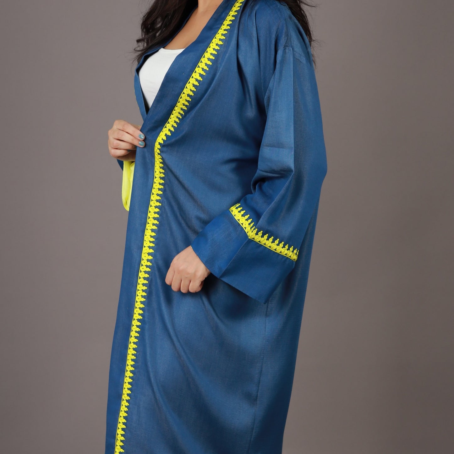 Kimono Long Denim Bleu avec ZWAK LMAALEM Jaune