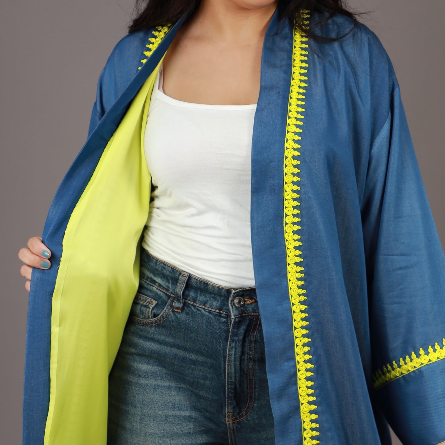 Kimono Long Denim Bleu avec ZWAK LMAALEM Jaune