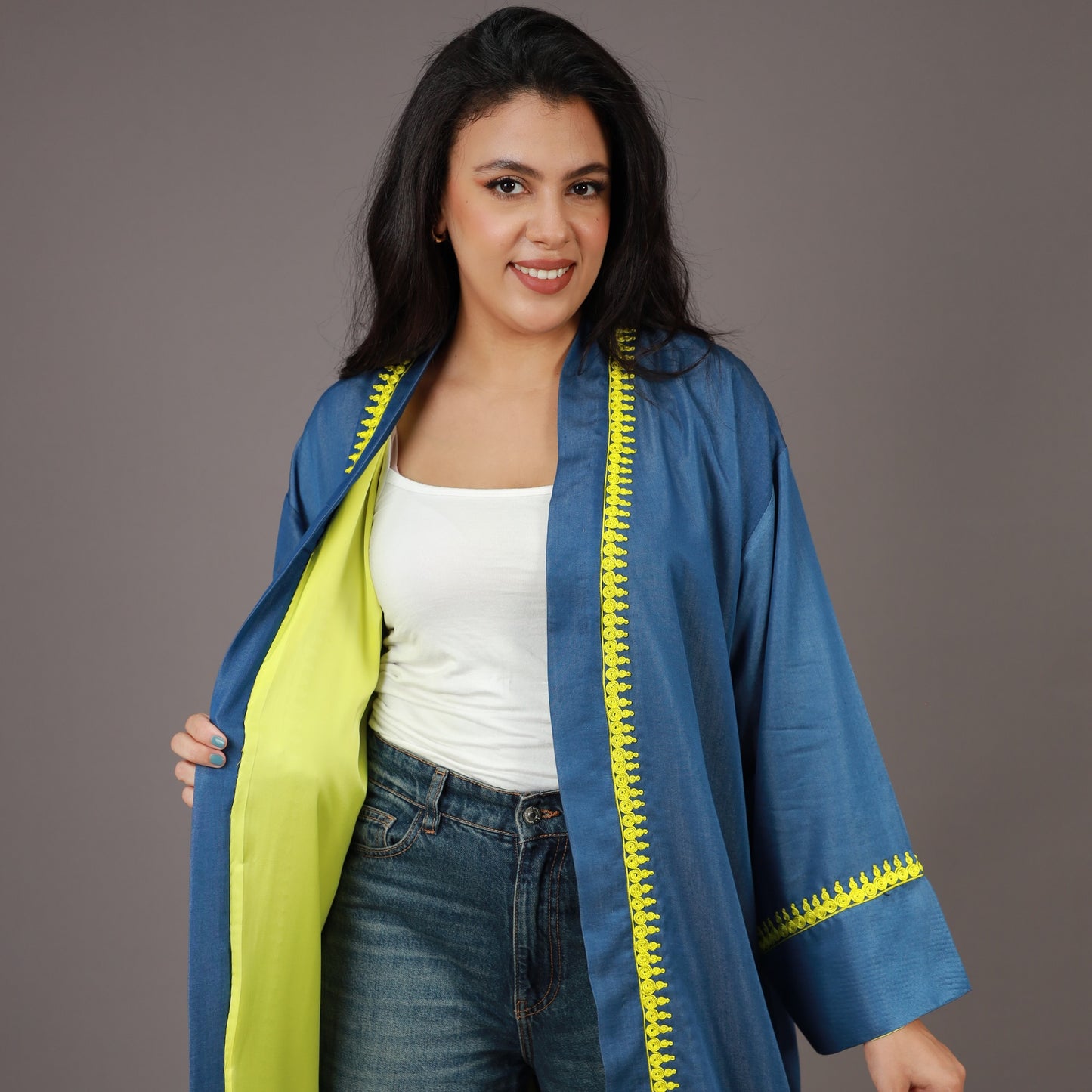 Kimono Long Denim Bleu avec ZWAK LMAALEM Jaune