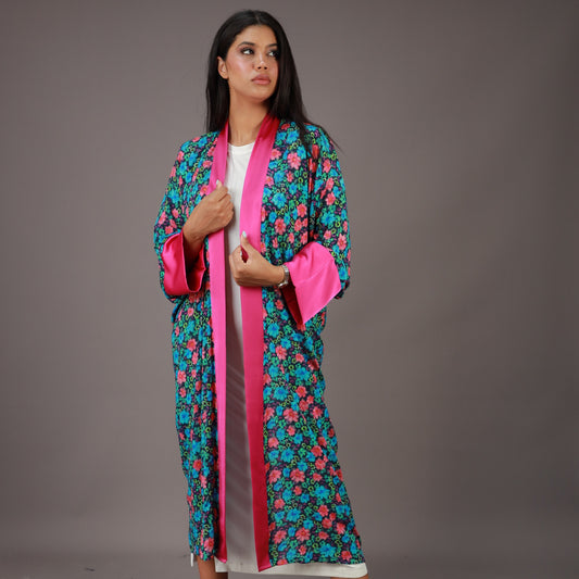 Kimono Long Fleuri à Bordure Fuchsia