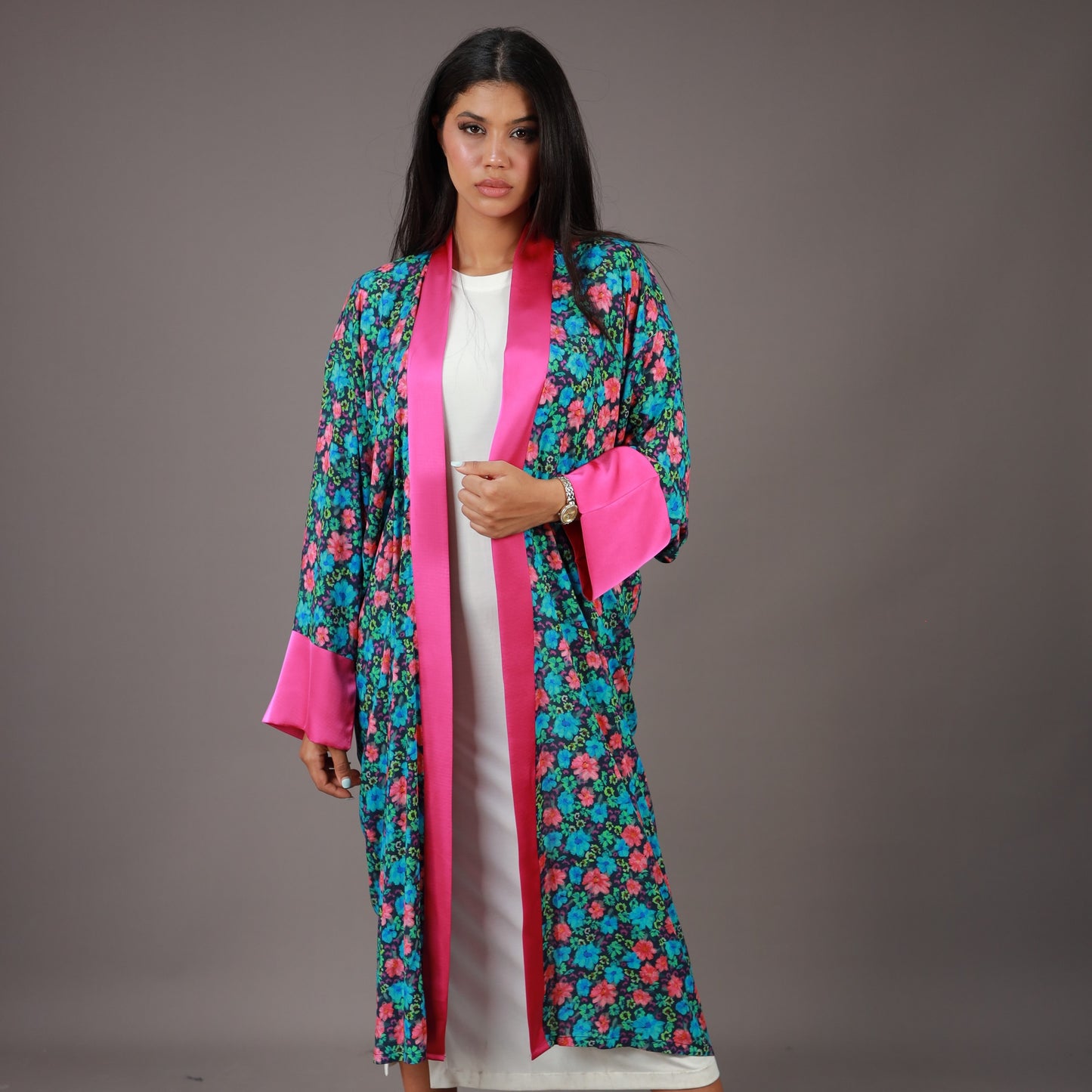 Kimono Long Fleuri à Bordure Fuchsia