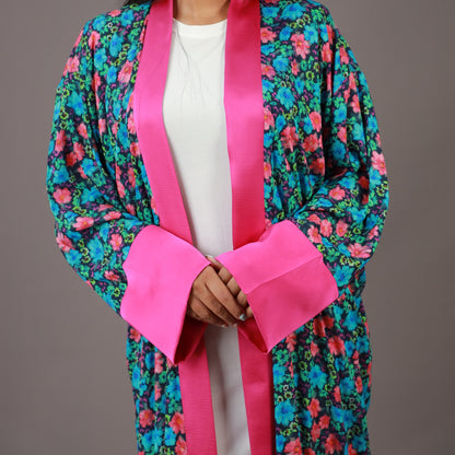Kimono Long Fleuri à Bordure Fuchsia