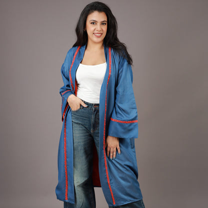 Kimono Long Denim Bleu avec Zwak et Doublure Orange