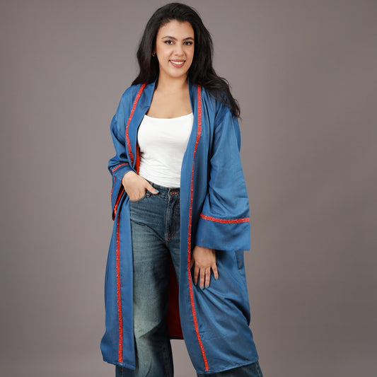 Kimono Long Denim Bleu avec Zwak et Doublure Orange