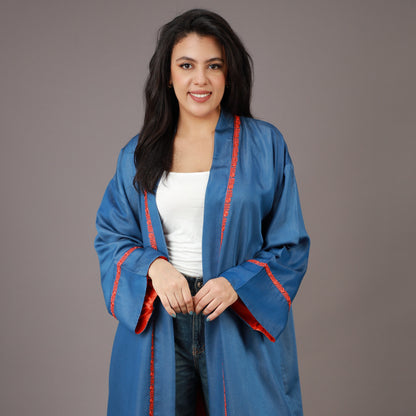 Kimono Long Denim Bleu avec Zwak et Doublure Orange