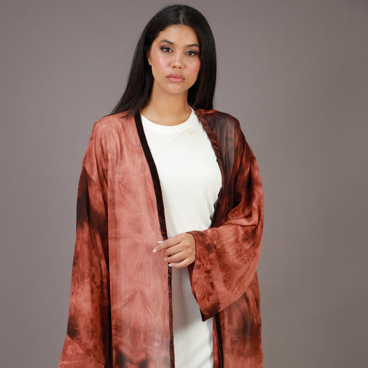 Kimono Long Marron Effet Tie and Dye